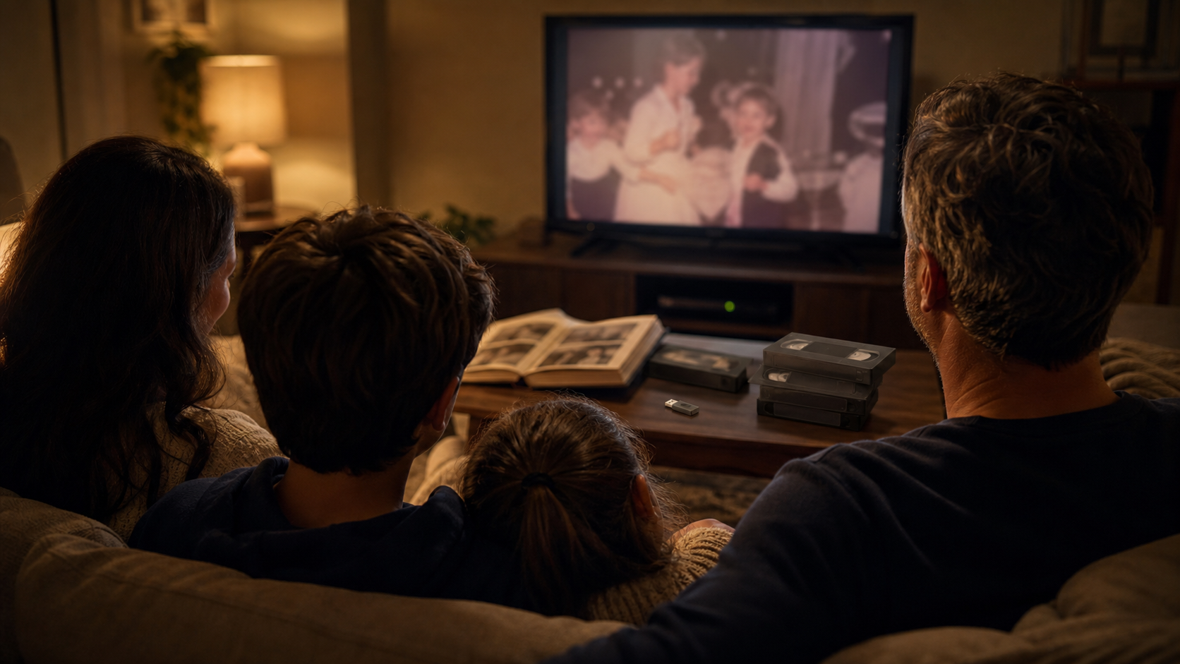 Famille regardant une ancienne vidéo familiale numérisée sur une télévision moderne